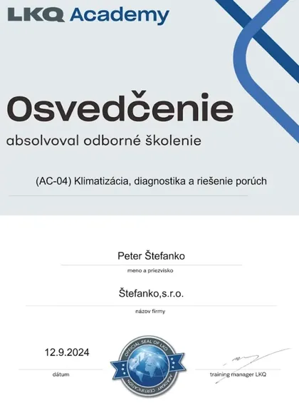 Osvedčenie - odborné školenie ac-04 - Klimatizacia