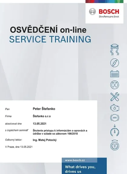 Osvedčenie Service Training Bosch