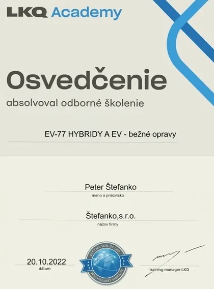 Osvedčenie ev-77 Hybridy a EV opravy